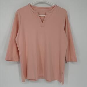 L.L.Bean Shirt Womens Medium Pink Split Neck 3/4 Sleeve Cotton Casual Top Tee